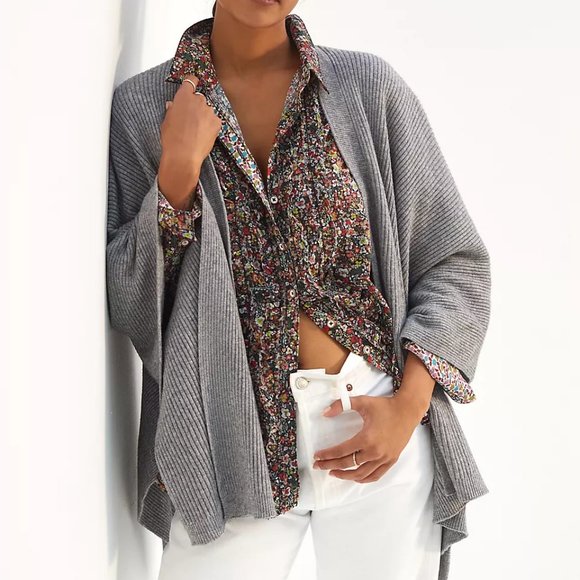 Anthro Grey Knit Button-Front PonchoOS